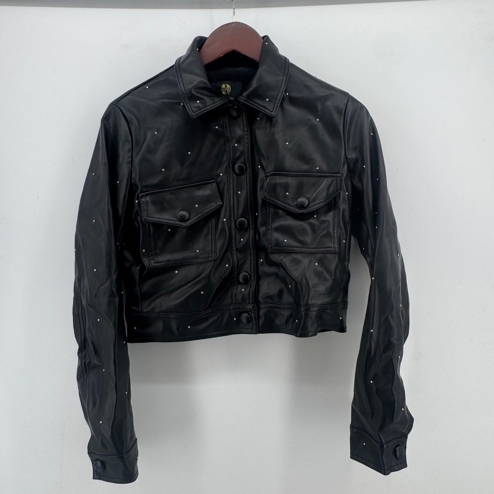 House of Harlow 1960 Black Faux Leather Studded Cropped Jacket Women Size Small